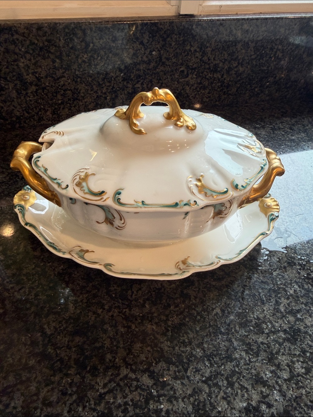 Limoges French  Covered Serving Tureen with Gold Accents - White and Gold